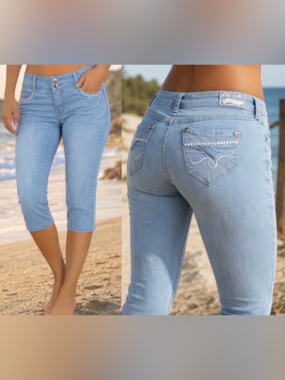 🌷 Suko Jeans🌷 Light Denim Rhinestone Jewelled Cotton Blend Capris